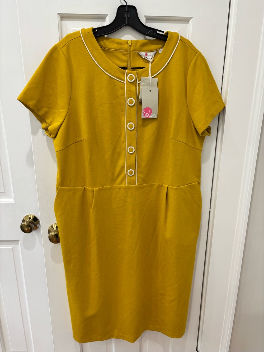 Boden Mustard Yellow Midi Dress with White Trim